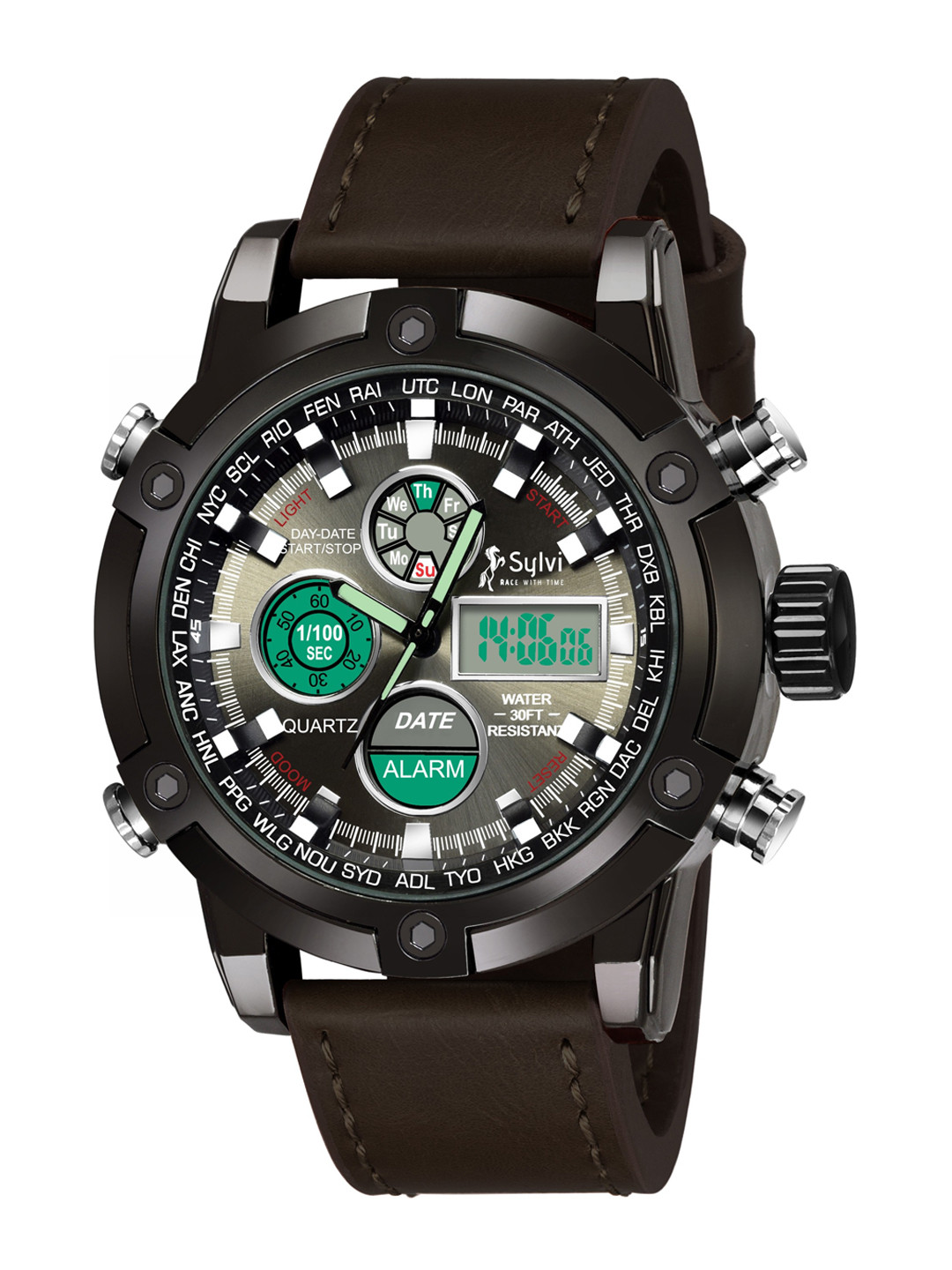 

Sylvi Men Black Dial & Brown Leather Textured Straps Analogue and Digital Watch, Coffee brown