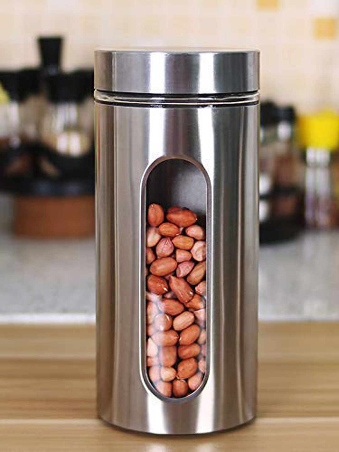 

Femora Transparent & Silver-Toned Jar With Glass Window Food Container