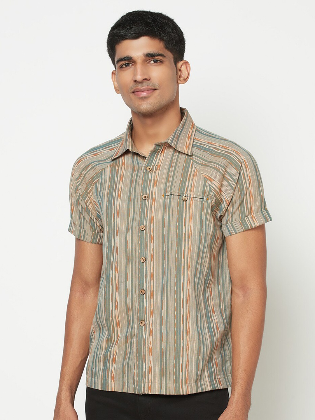

Fabindia Men Green Striped Cotton Casual Shirt