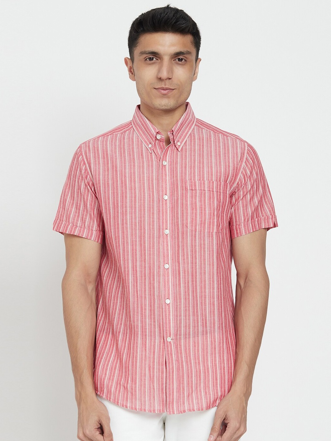 

Fabindia Men Pink Regular Fit Striped Cotton Casual Shirt