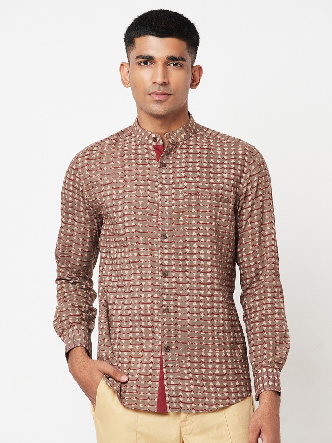 

Fabindia Men Brown & Maroon Slim Fit Printed Cotton Casual Shirt