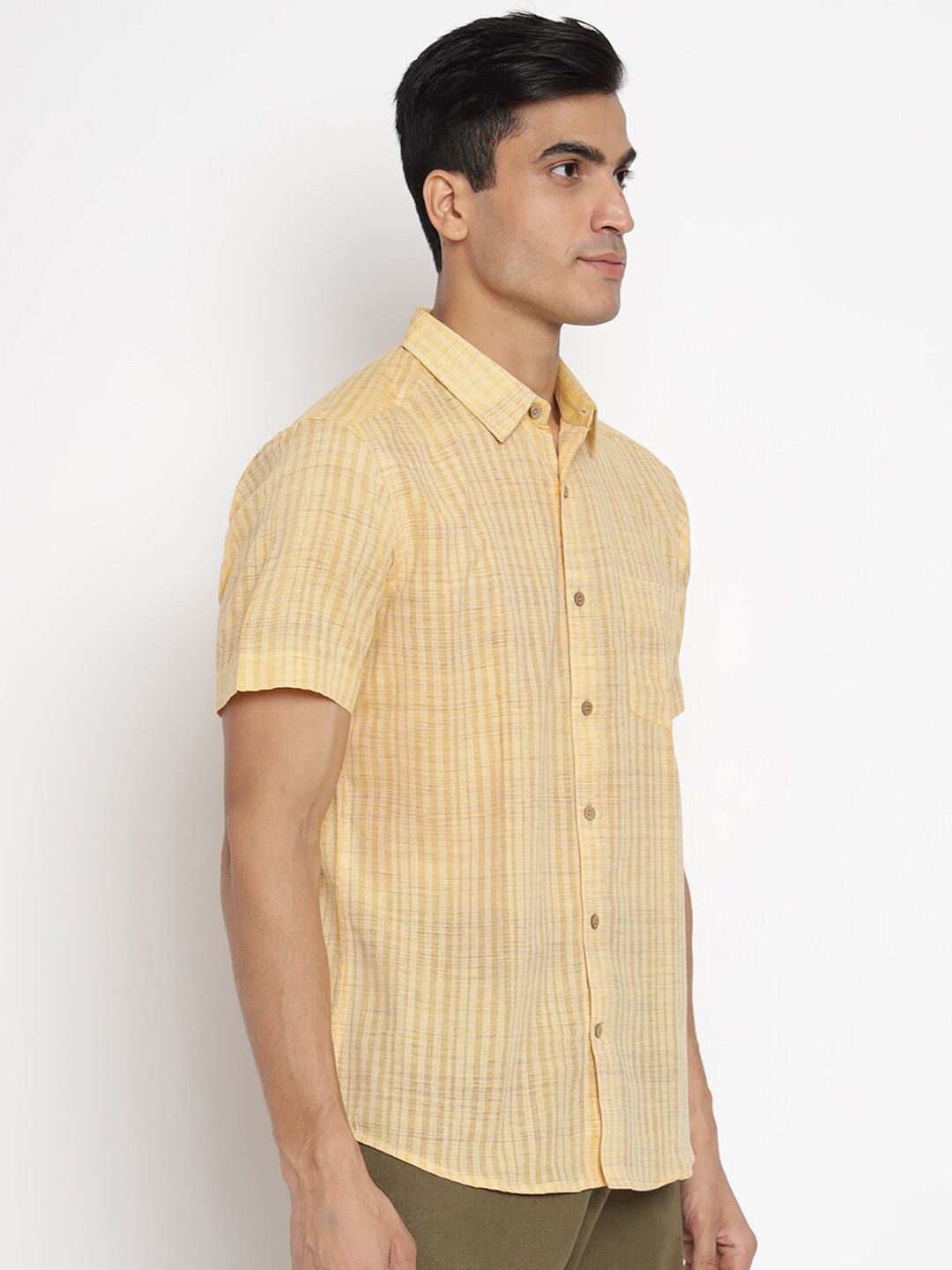 

Fabindia Men Yellow Slim Fit Striped Cotton Casual Shirt