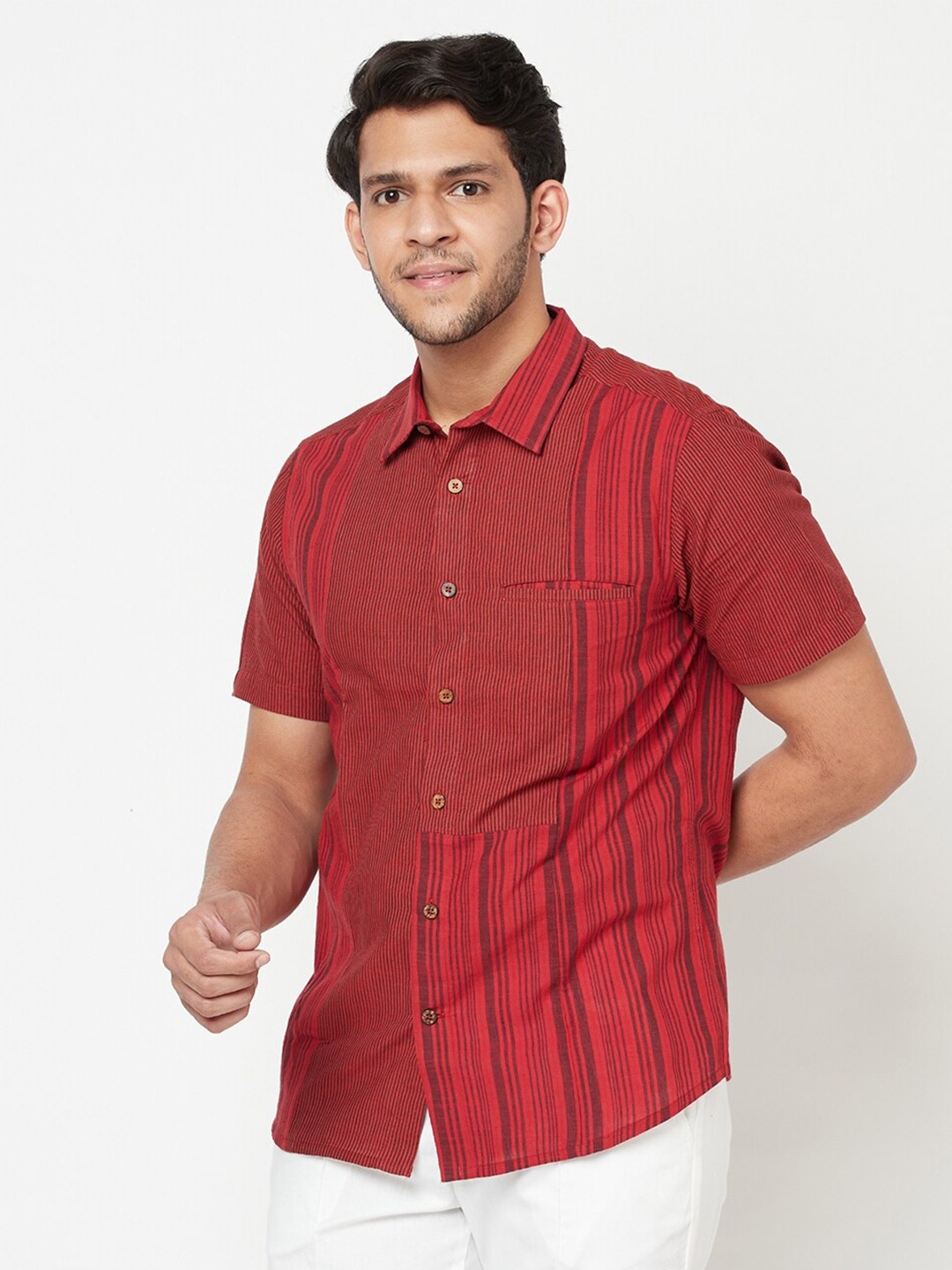 

Fabindia Men Red Slim Fit Striped Cotton Casual Shirt