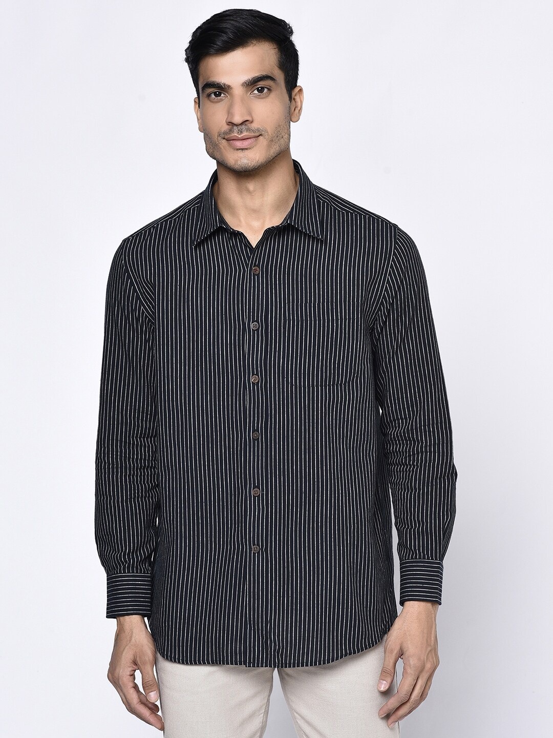 

Fabindia Men Black Striped Cotton Casual Shirt