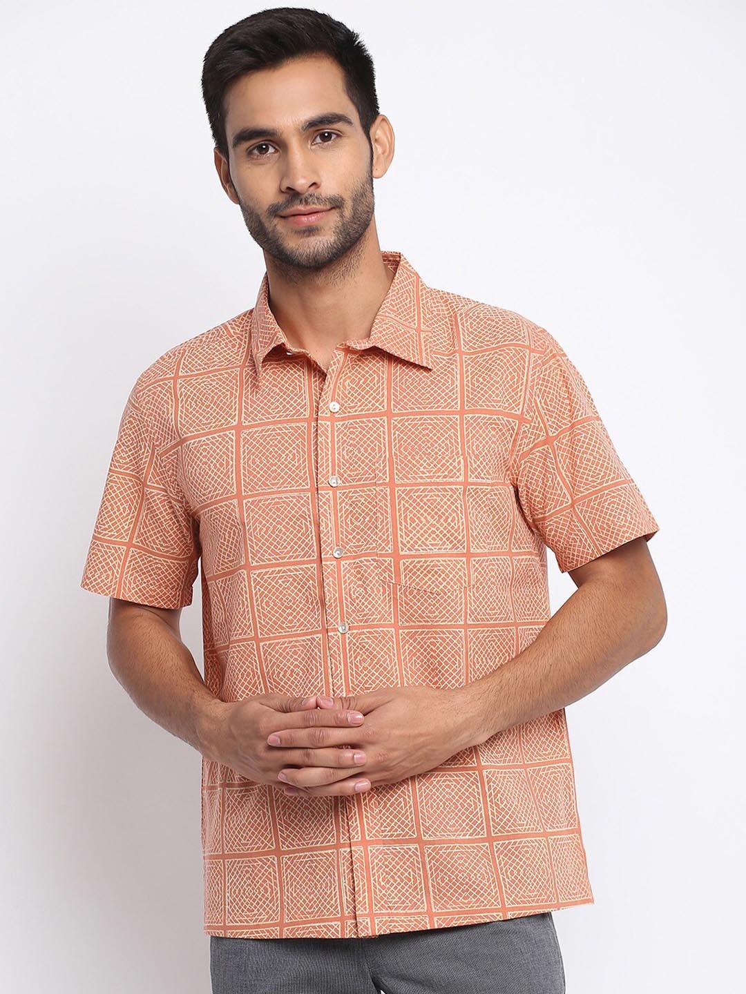 

Fabindia Men Orange Printed Cotton Casual Shirt