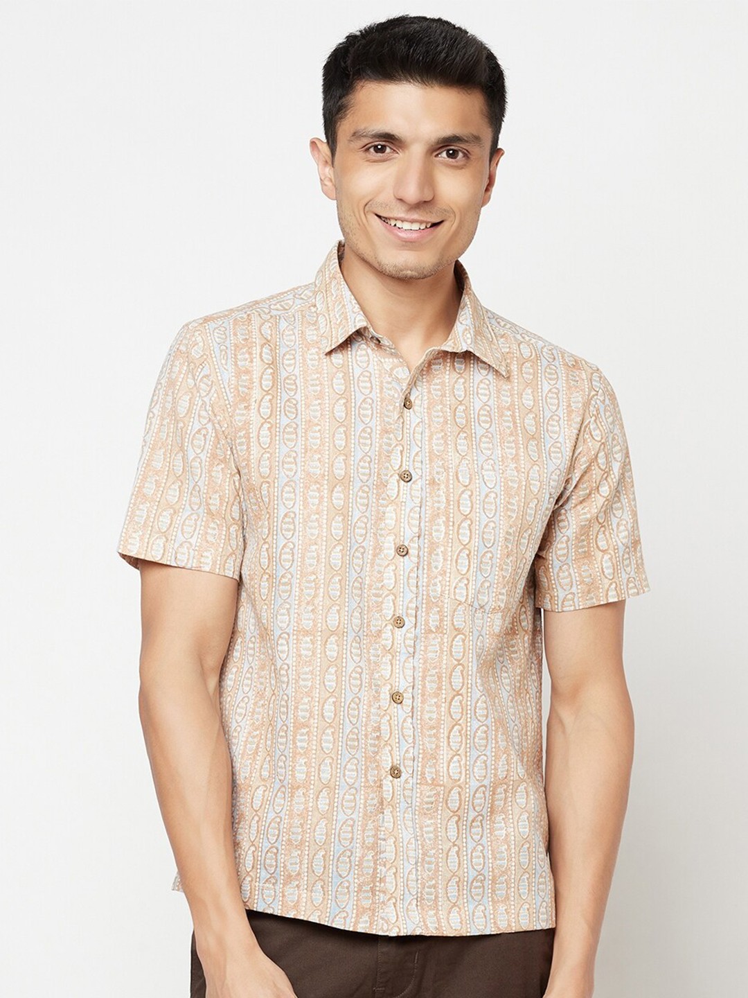 

Fabindia Men Peach & Beige Abstract Printed Cotton Casual Shirt