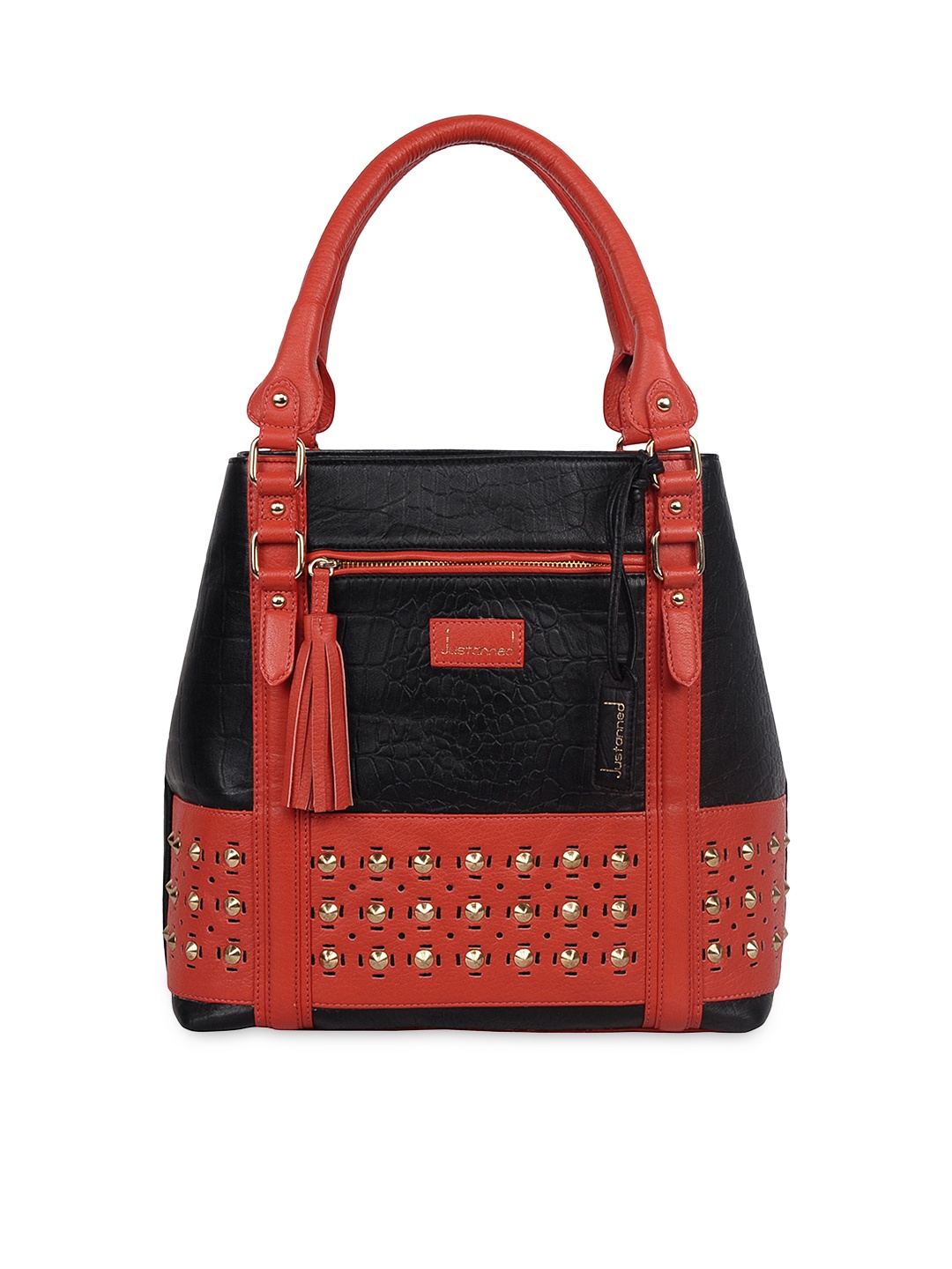 

Justanned Black & Red Leather Studded Shoulder Bag