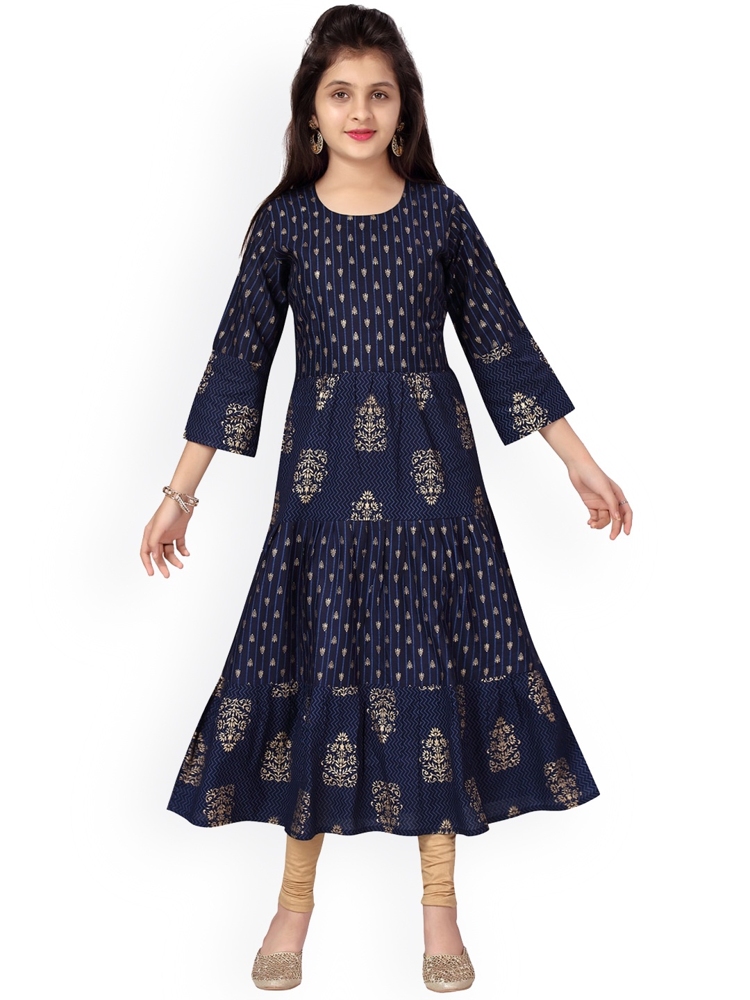

Aarika Girls Blue Bandhani Printed Pure Cotton Anarkali Kurta with Legging