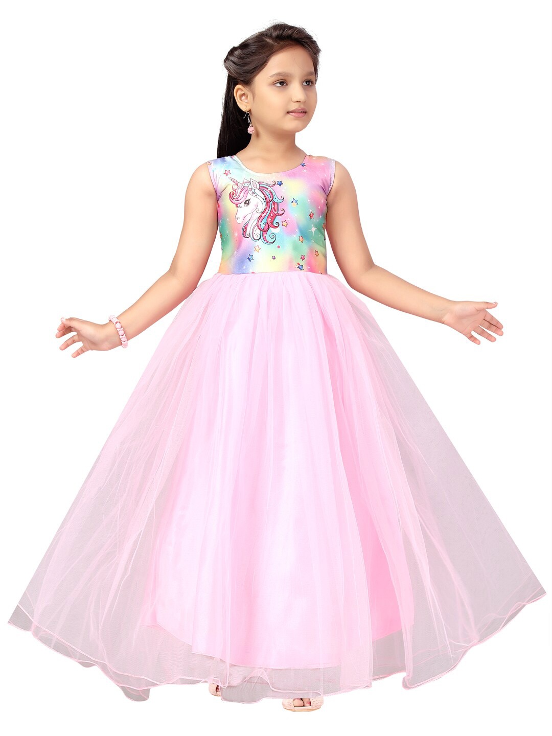 

Aarika Girls Pink Unicorn Printed Nylon Gown Dress