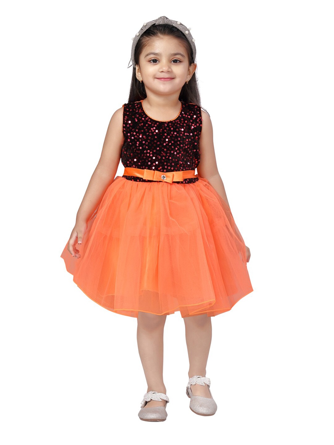 

Aarika Girls Orange & Black Net Dress