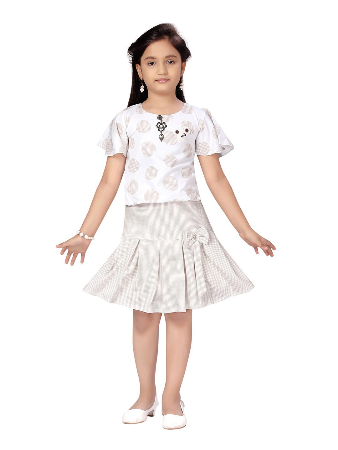 

Aarika Girls Beige & White Printed Top with Skirt