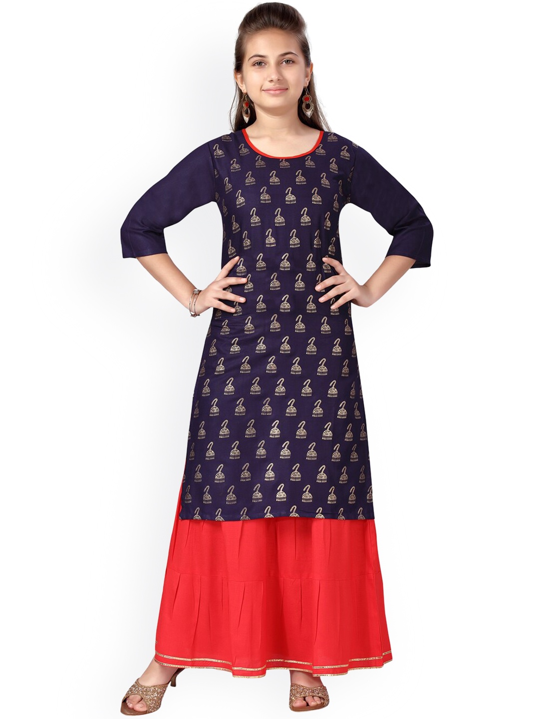 

Aarika Girls Navy Blue Ethnic Motifs Printed Pure Cotton Kurta with Palazzos