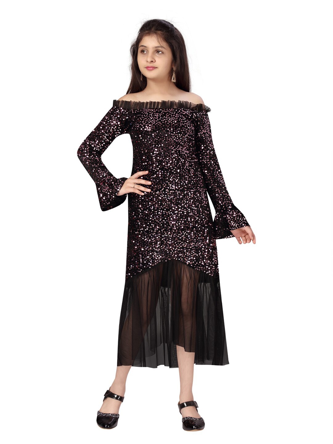 

Aarika Pink & Black Embellished Off-Shoulder Net Midi Dress