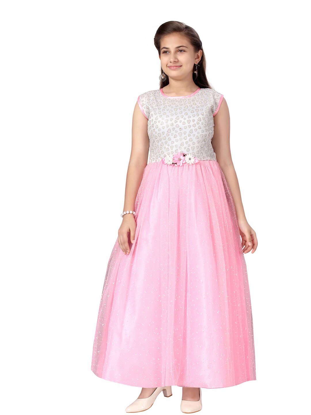 

Aarika Girls Pink & Grey Printed Nylon Gown Dress