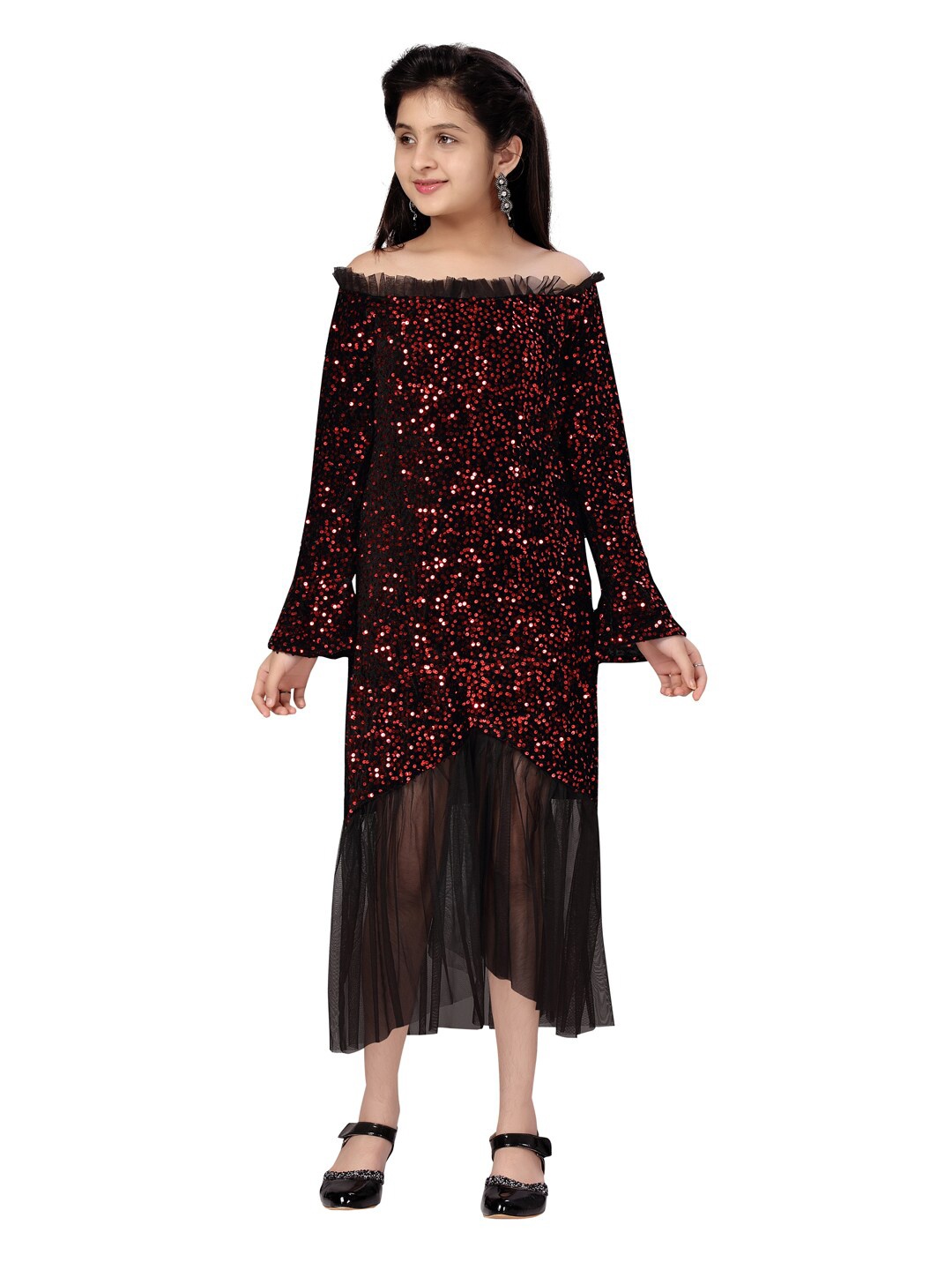 

Aarika Girls Red & Black Sequinned Off-Shoulder Net Fit & Flare Dress