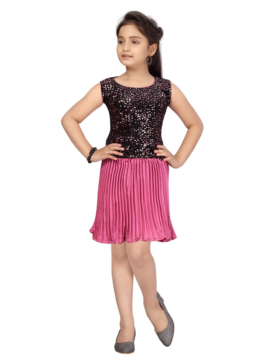 

Aarika Girls Pink & Black Embellished Sequin Top with Skirt