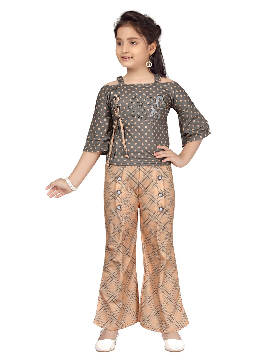

Aarika Girls Peach-Coloured & Green Printed Top With Palazzos