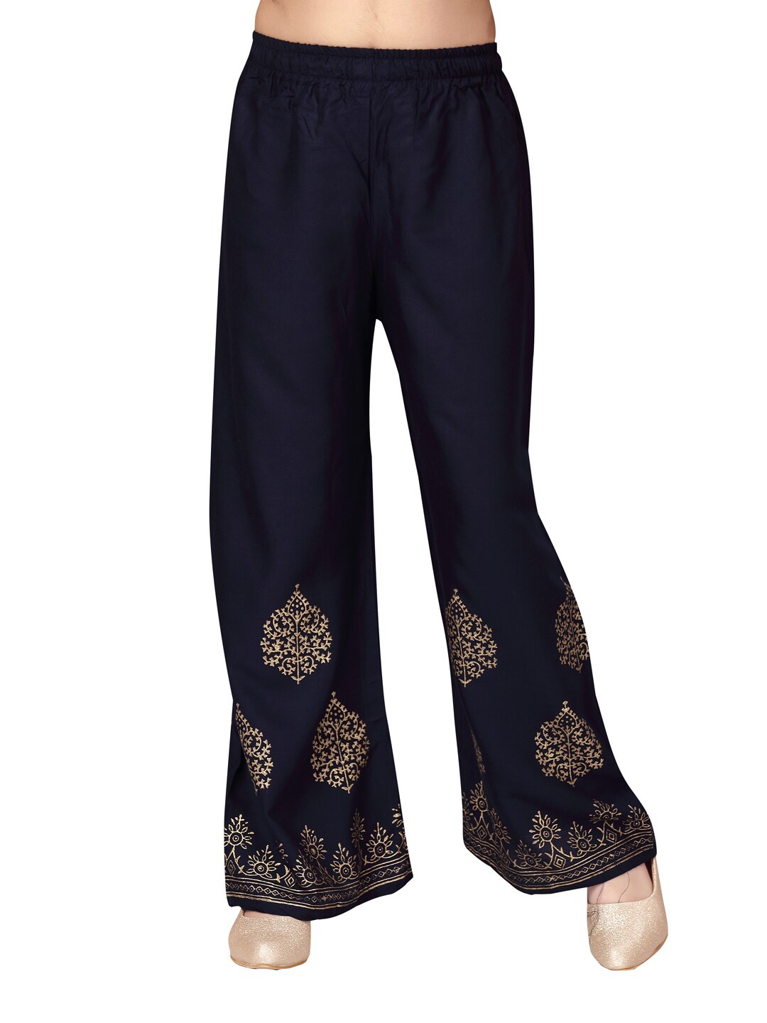 

Aarika Girls Navy Blue & Gold-Toned Ethnic Motifs Printed Handloom Palazzos