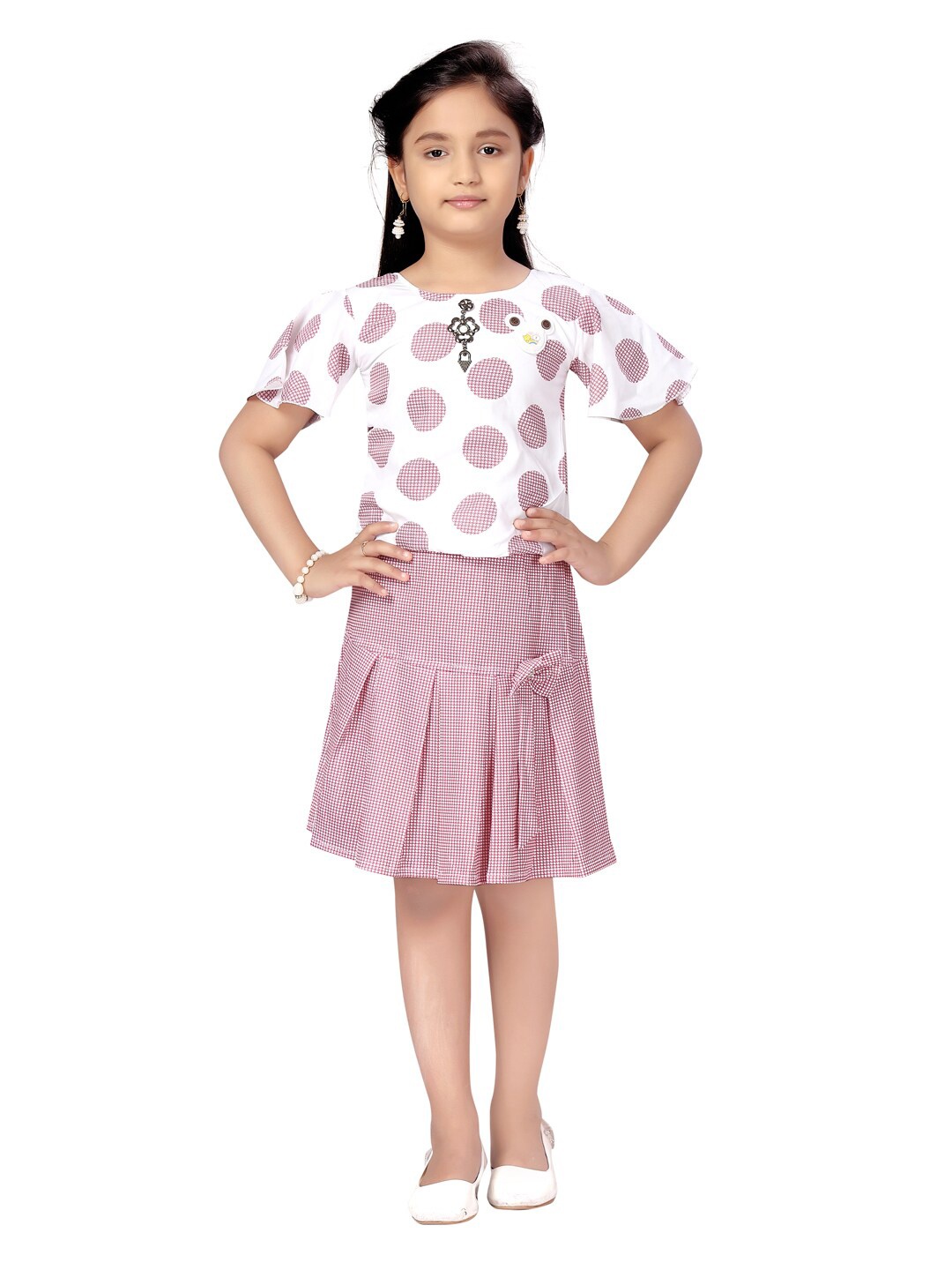 

Aarika Girls Pink & White Checked Printed Top with Skirt