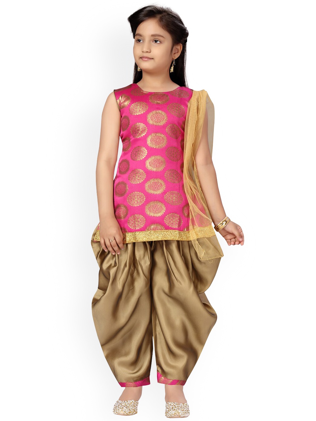 

Aarika Girls Pink Ethnic Motifs Pure Silk Kurta with Patiala With Dupatta