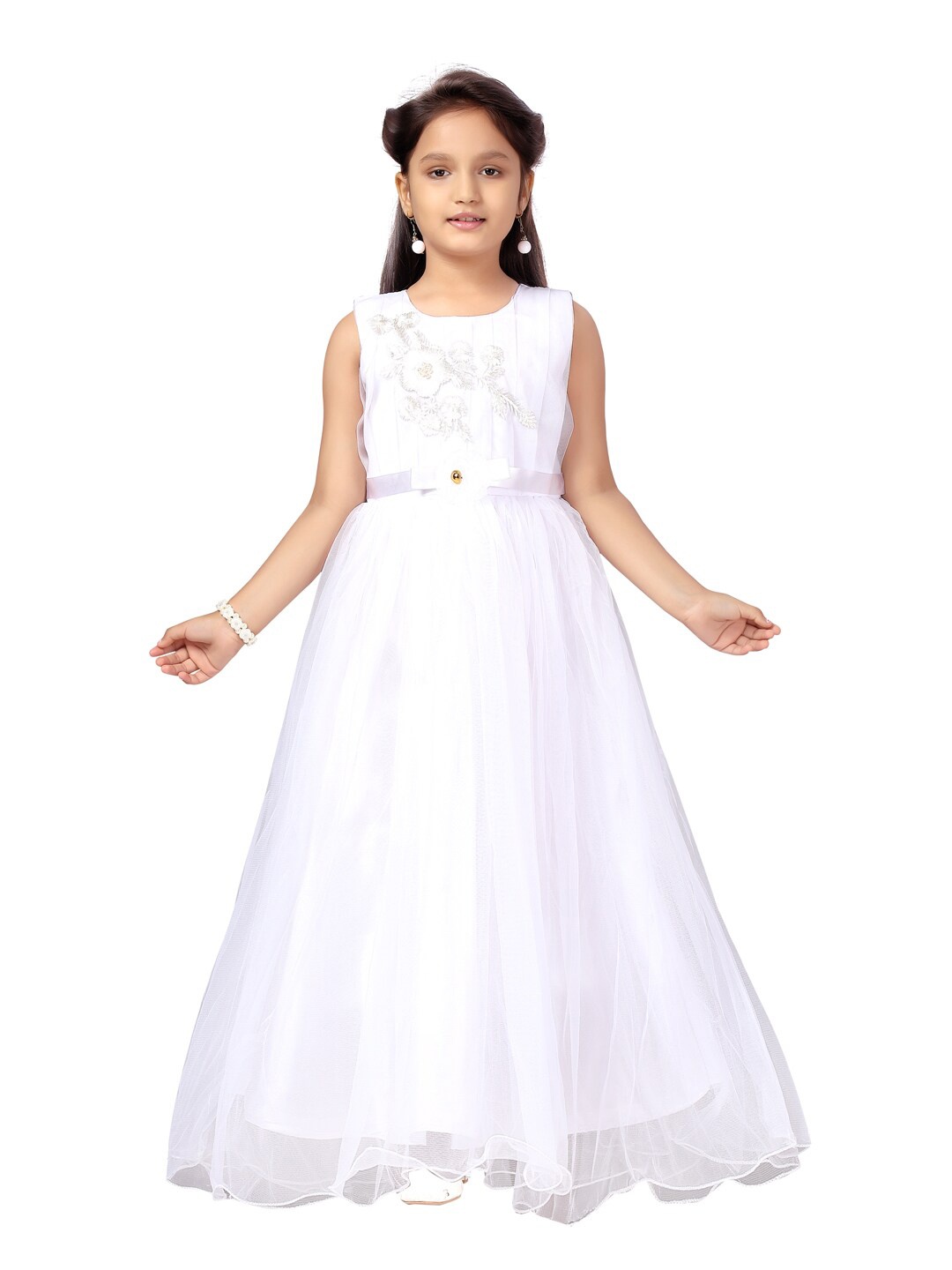 

Aarika Girls White Embroidery Work Net Gown Dress