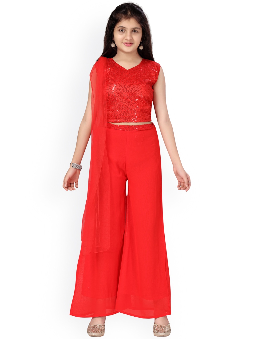 

Aarika Girls Red Embellished Top with Palazzos & Dupatta