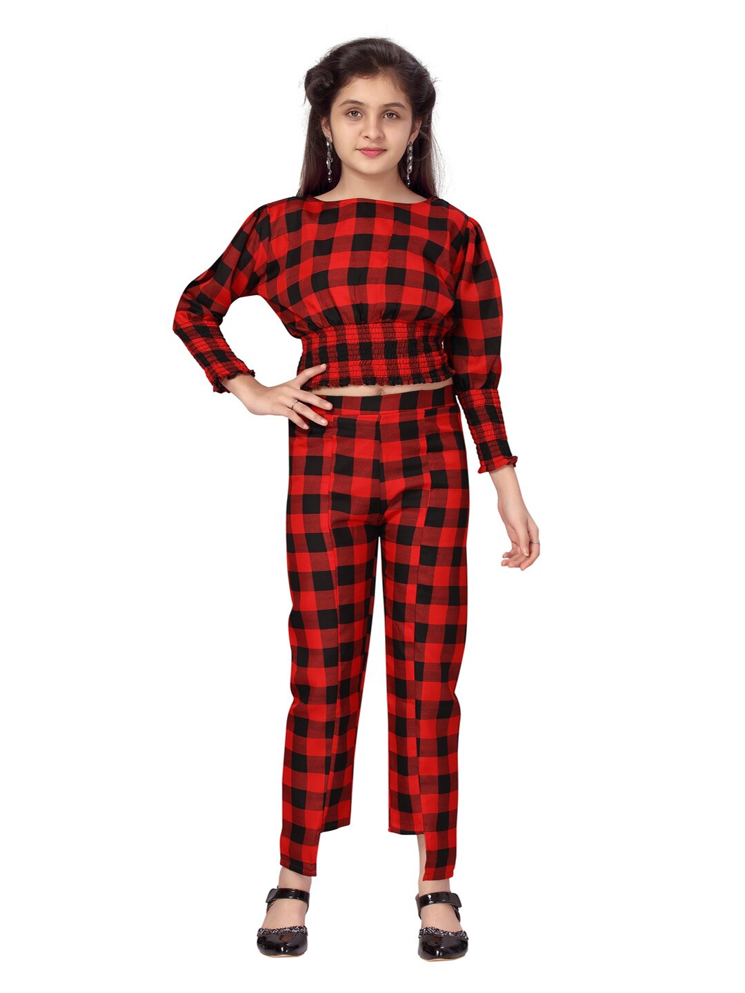 

Aarika Girls Red & Black Checked Top with Trousers