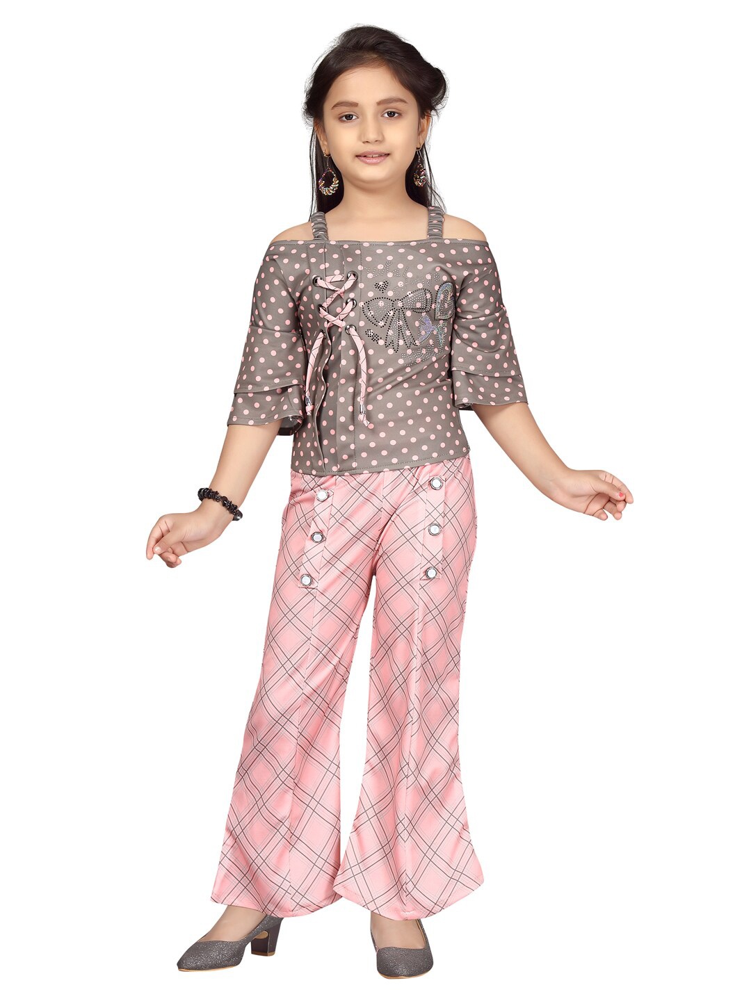 

Aarika Girls Pink & Grey Printed Top with Palazzo Set