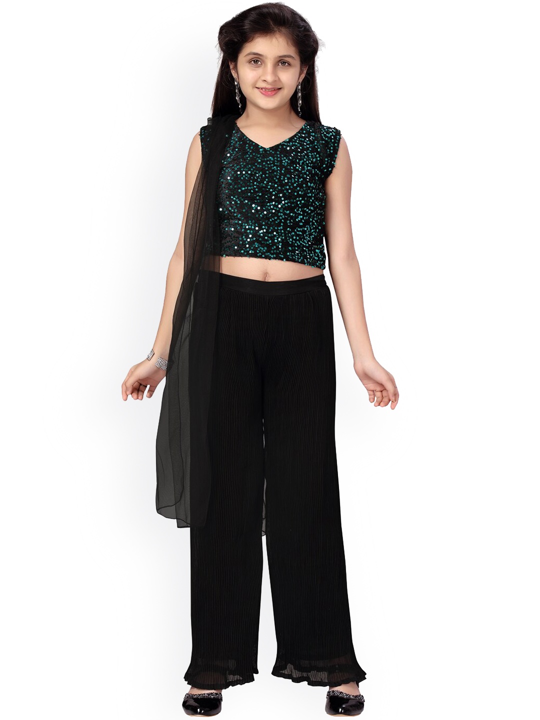 

Aarika Girls Green Embroidered Sequinned Pure Silk Top with Palazzos