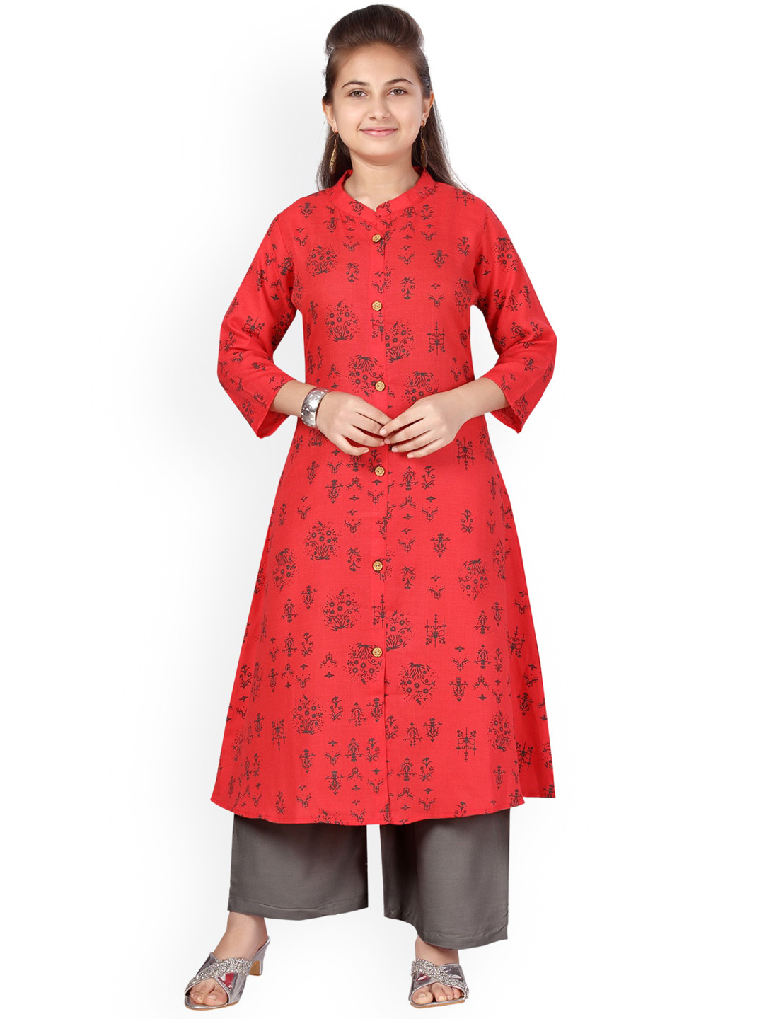 

Aarika Girls Red & Grey Floral Printed Pure Cotton Kurta With Palazzos