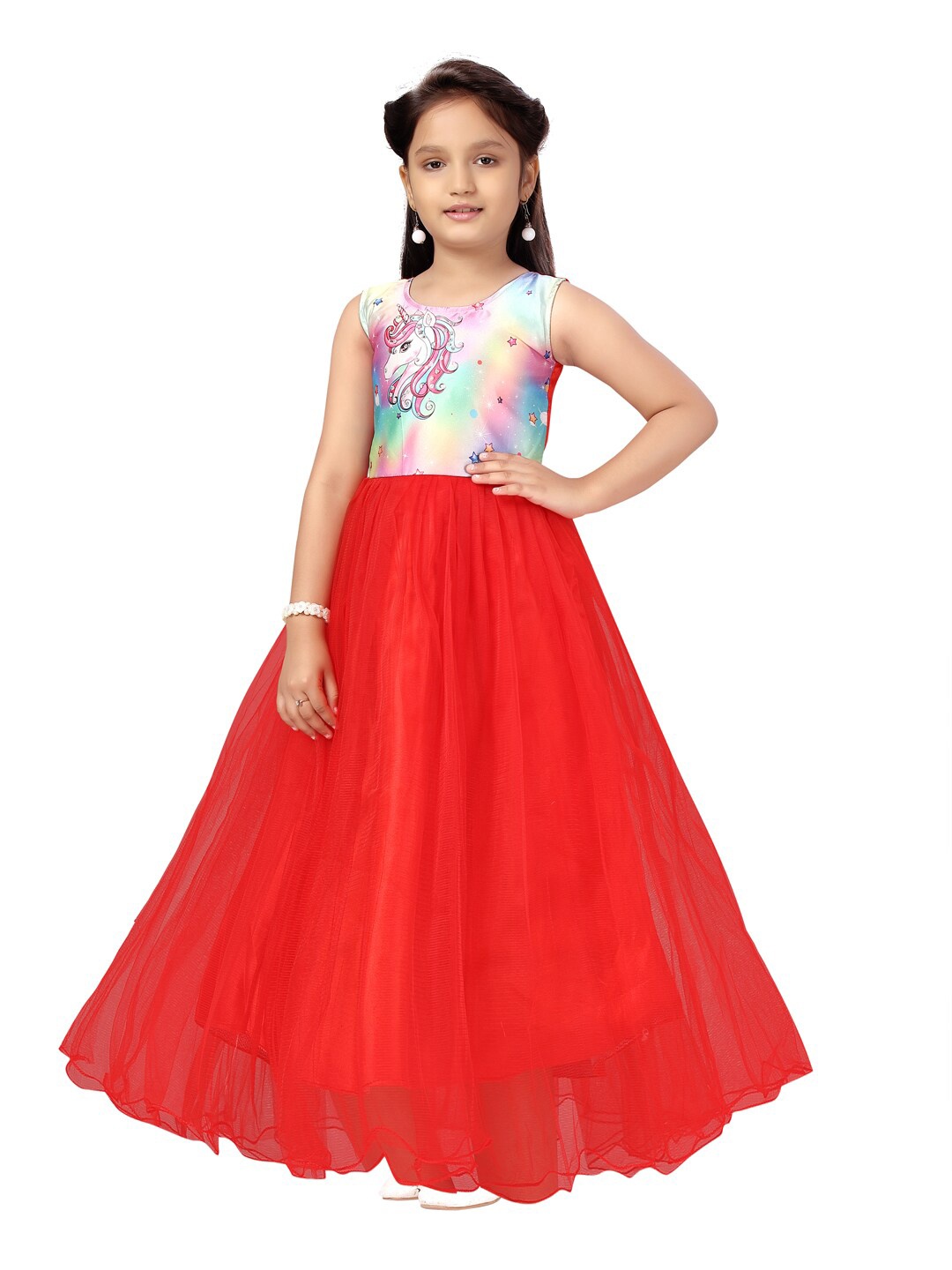 

Aarika Girls Red Tie and Dye Net Maxi Unicorn Print Dress