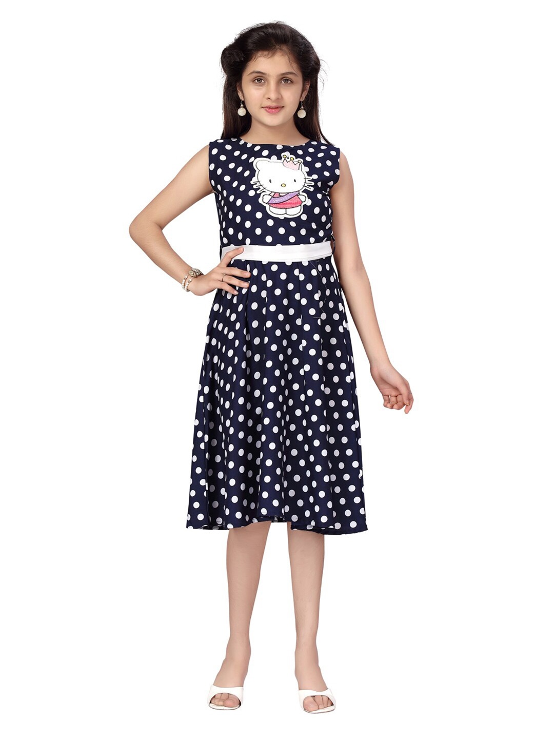 

Aarika Girls Navy Blue & White Polka Dots Printed Nylon Fit & Flare Dress