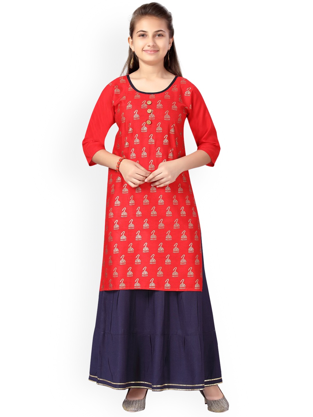 

Aarika Girls Red Ethnic Motifs Printed Pure Cotton Kurta with Skirt