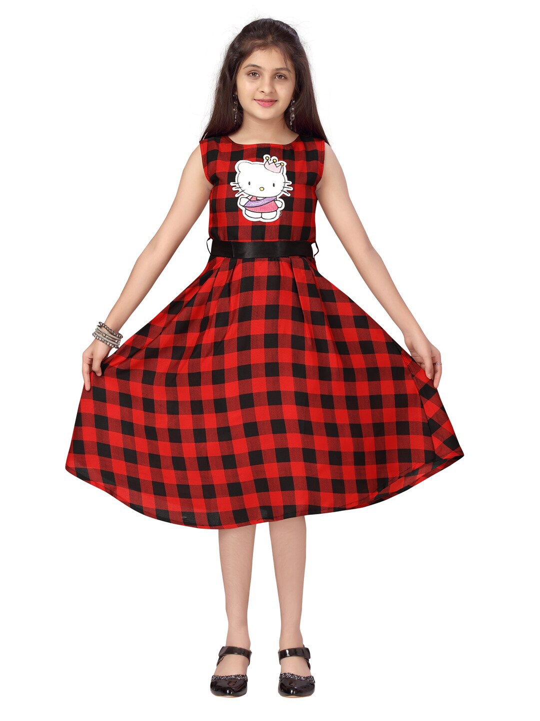 

Aarika Black & Red Checked Applique Dress