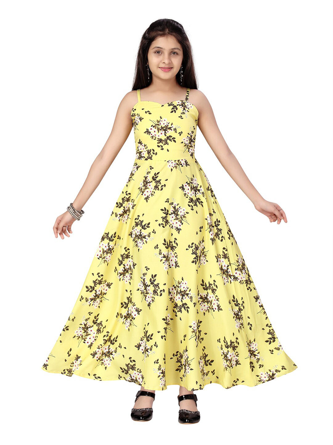 

Aarika Yellow Floral Printed Net Maxi Dress