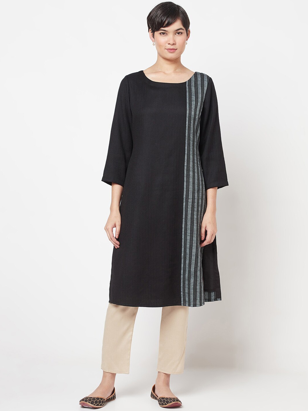 

Fabindia Women Black Striped Wool Kurta