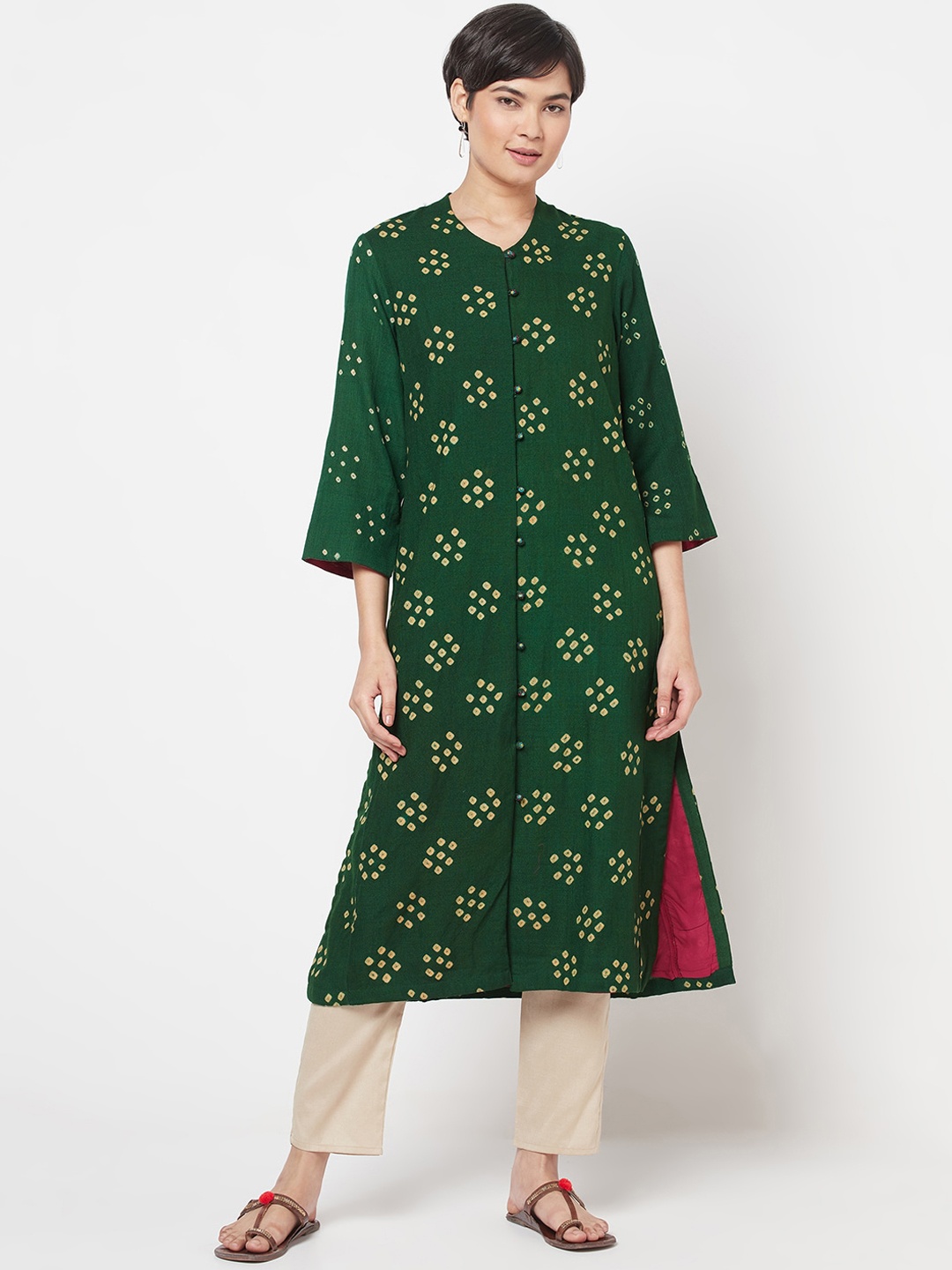 

Fabindia Women Green Bandhani Printed A-Line Kurta