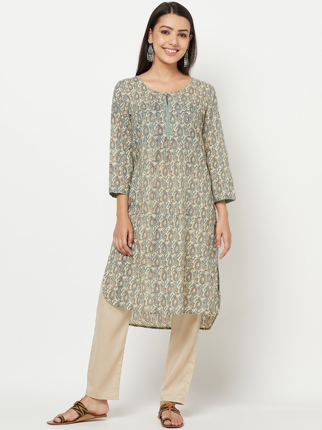 

Fabindia Women Beige & Green Paisley Printed Keyhole Neck Kurta