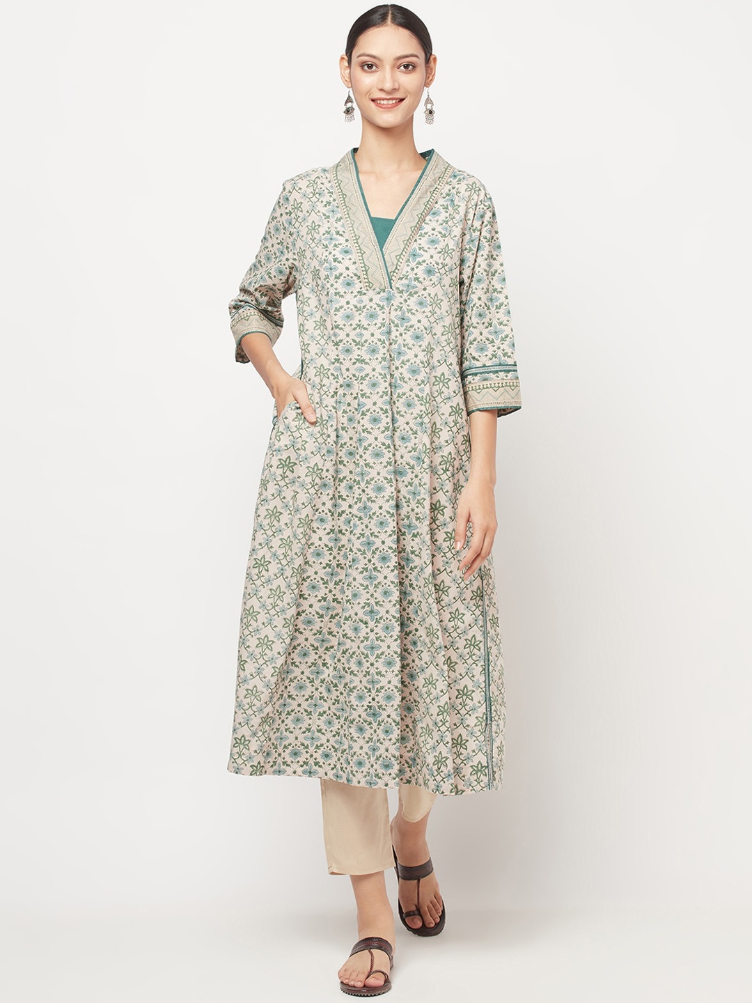 

Fabindia Women Green & Beige Floral Printed Anarkali Kurta