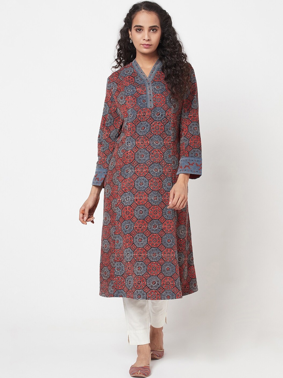 

Fabindia Women Navy Blue Cotton Corduroy Ajrak Printed A-Line Kurta