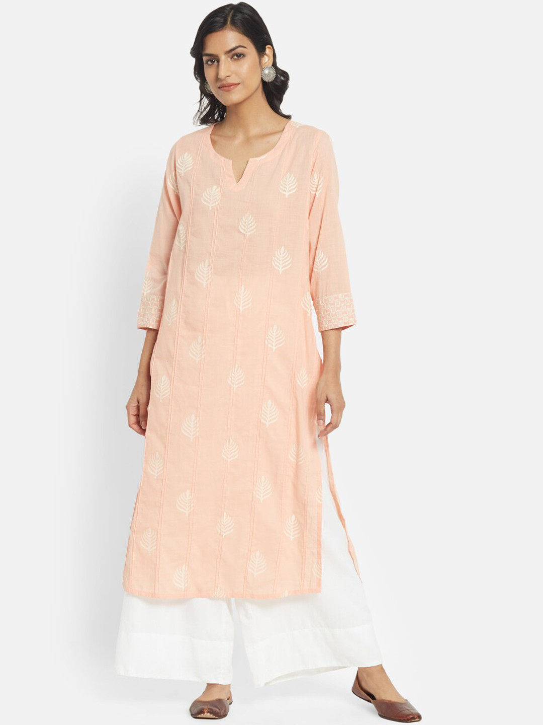 

Fabindia Women Peach-Coloured Floral Embroidered Straight Kurta