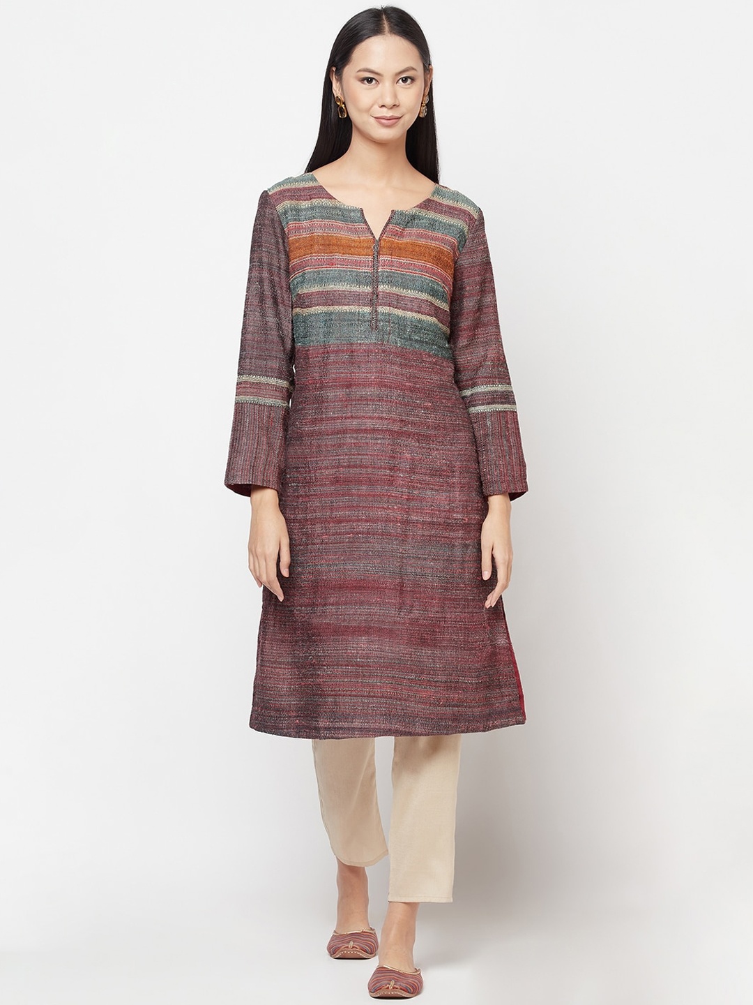 

Fabindia Women Multi Woven Design Striped Silk Wool Kurta