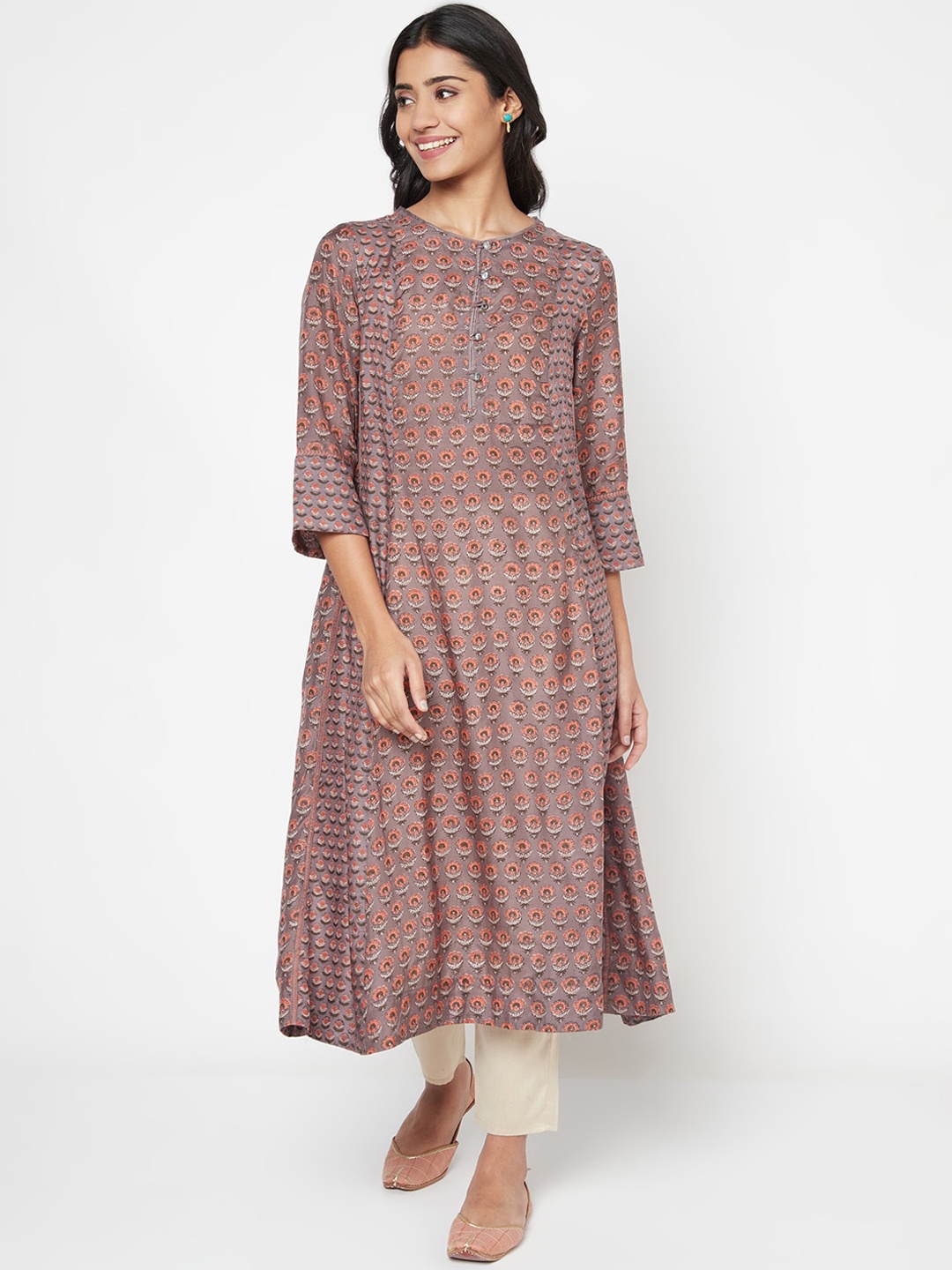 

Fabindia Women Grey Ethnic Motifs Printed A-Line Kurta