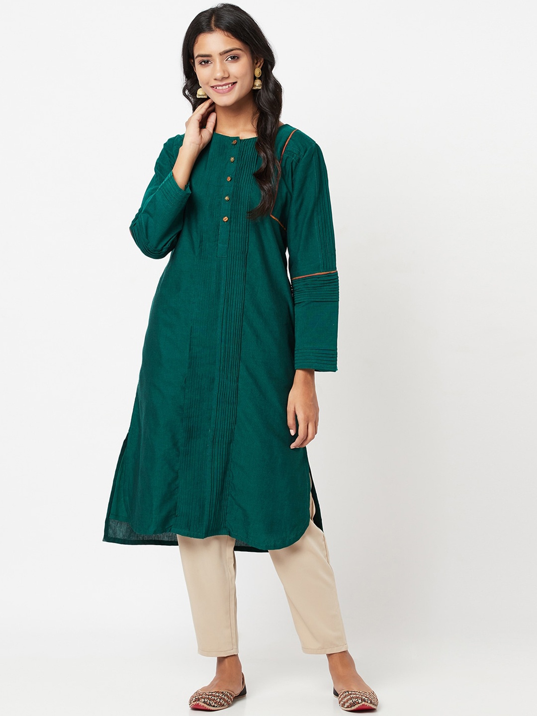 

Fabindia Women Green Striped Thread Work Kurta
