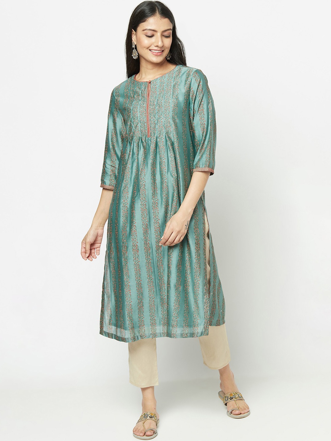 

Fabindia Women Green & Pink Ethnic Motifs Printed Keyhole Neck A-line Kurta