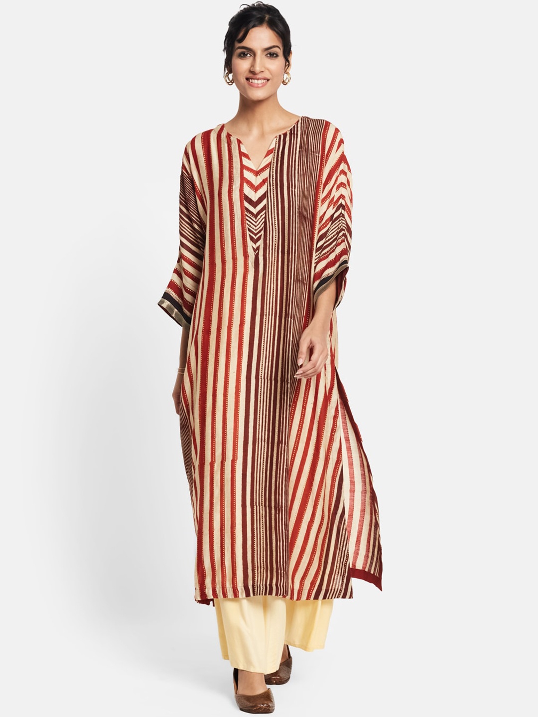 

Fabindia Women Beige Striped Flared Sleeves Kaftan Kurta