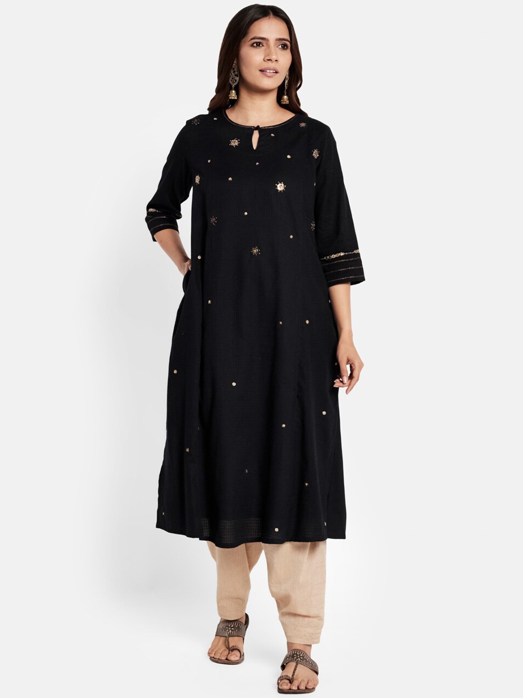 

Fabindia Women Black Keyhole Neck Flared Sleeves Anarkali Kurta