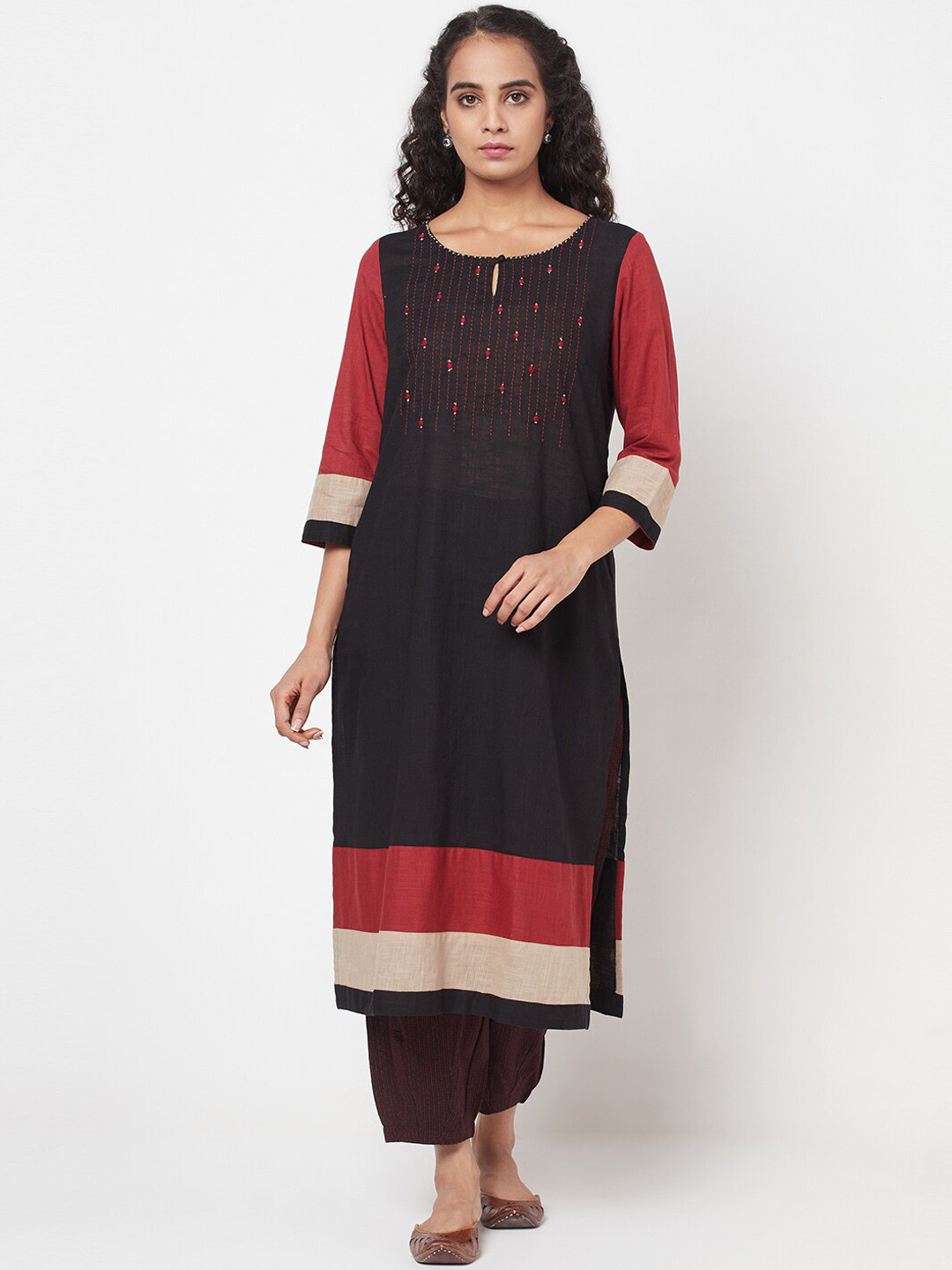 

Fabindia Women Black & Red Embellished Keyhole Neck Cotton Straight Kurta