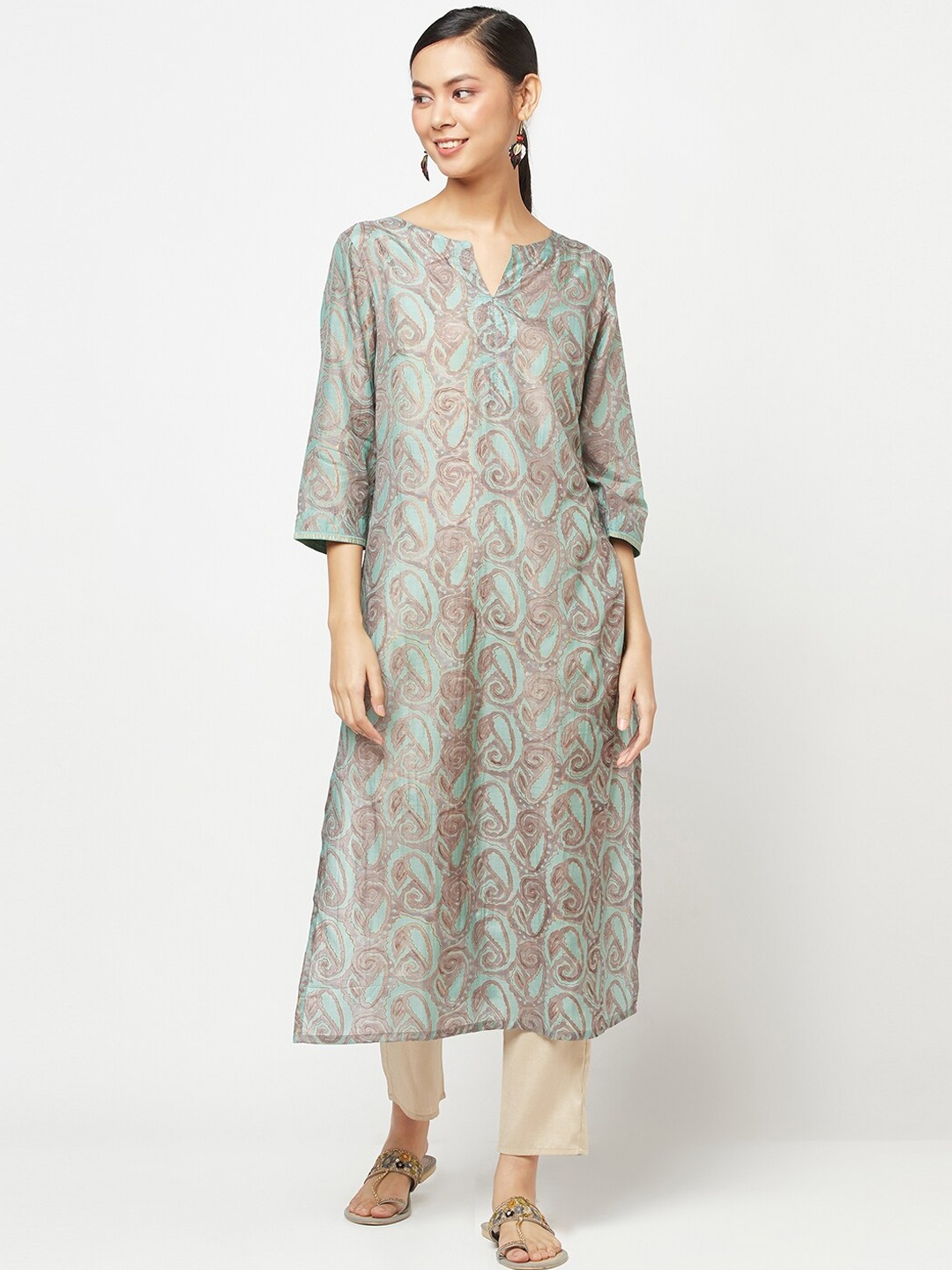 

Fabindia Women Teal Green & Grey Ethnic Motifs Printed Long Kurta