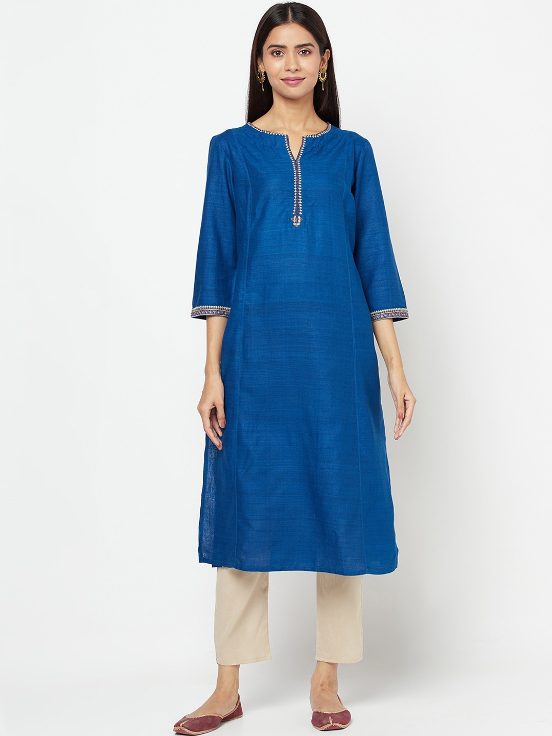 

Fabindia Women Blue Thread Work Silk Matka Kurta